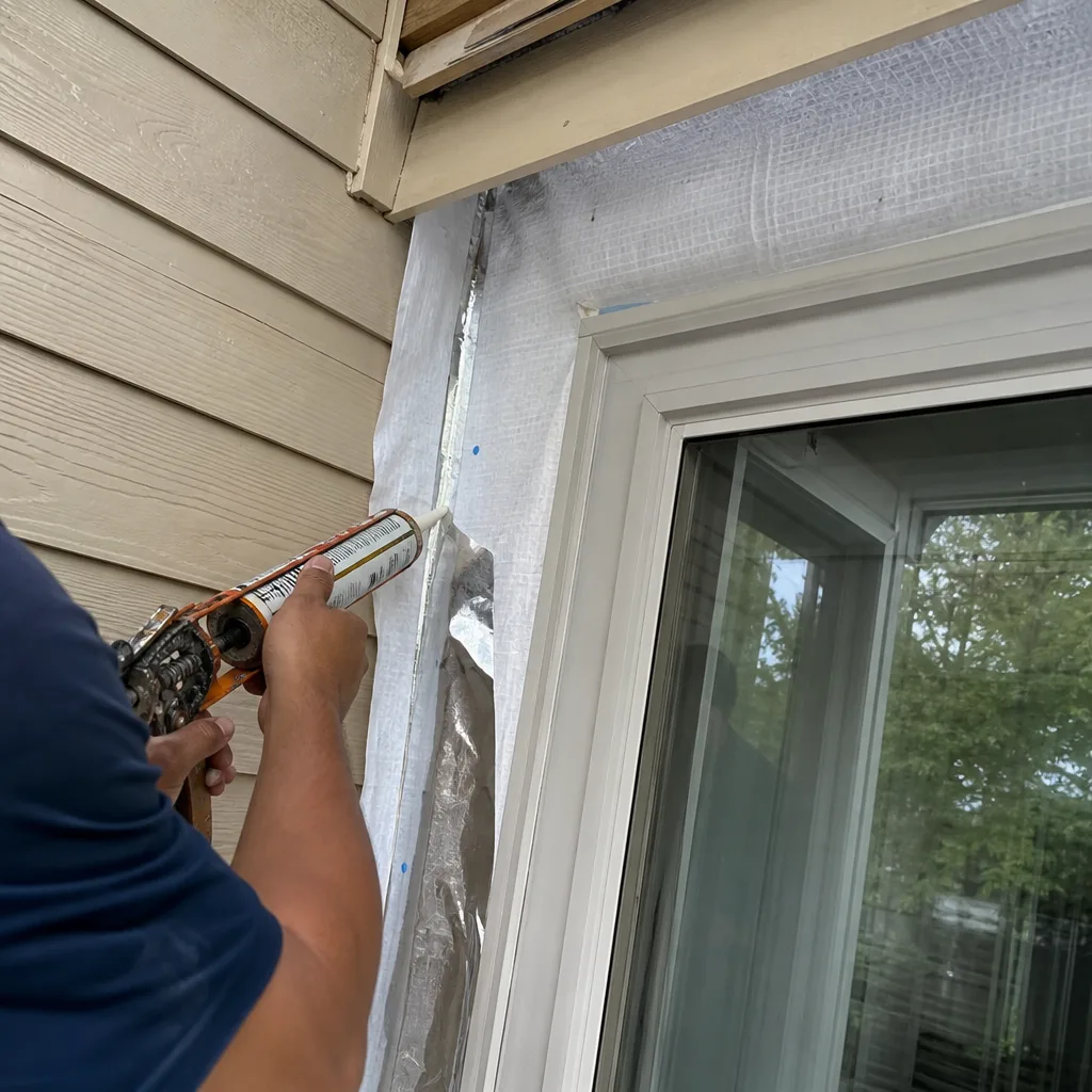 Contractor applying sealant to a newly installed home addition window