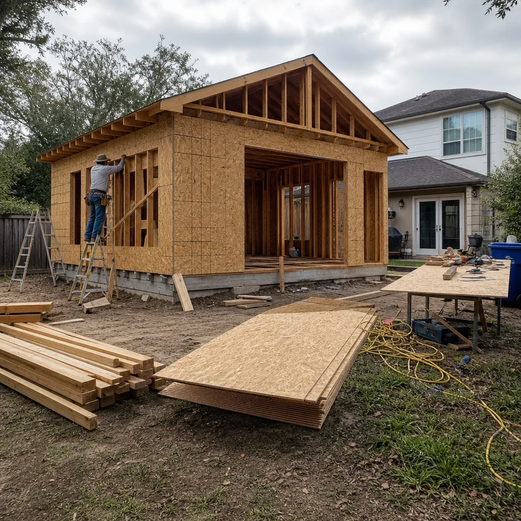 Contractor building a new wooden home addition with plywood wall sheathing.