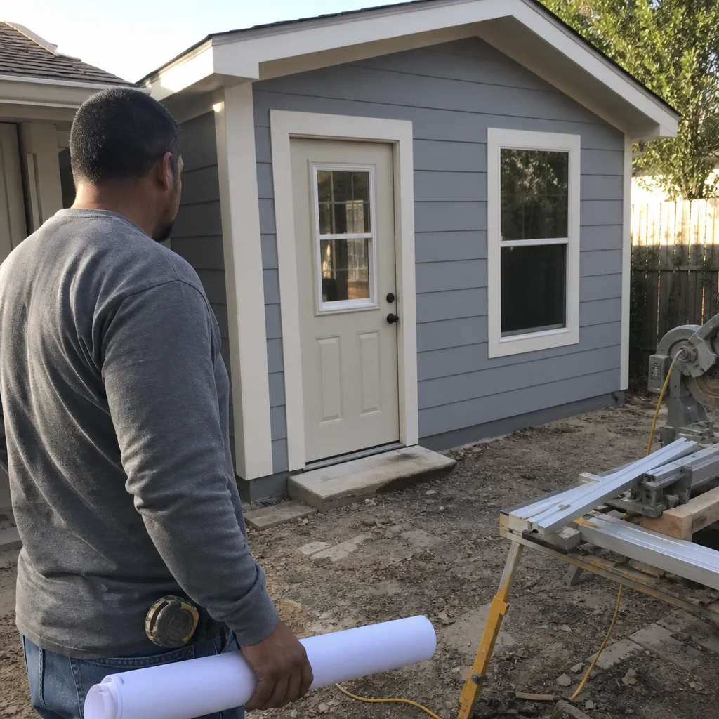 Contractor with blueprints standing in front of a modern gray accessory dwelling