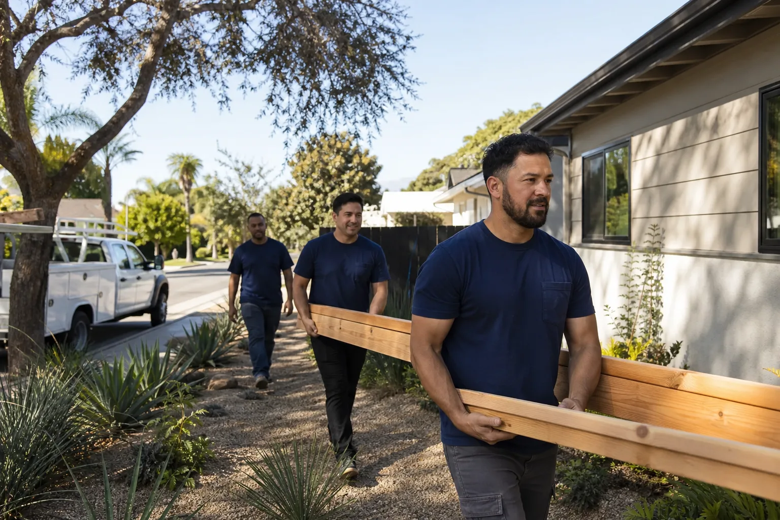 A building crew carrying lumber to a backyard ADU site